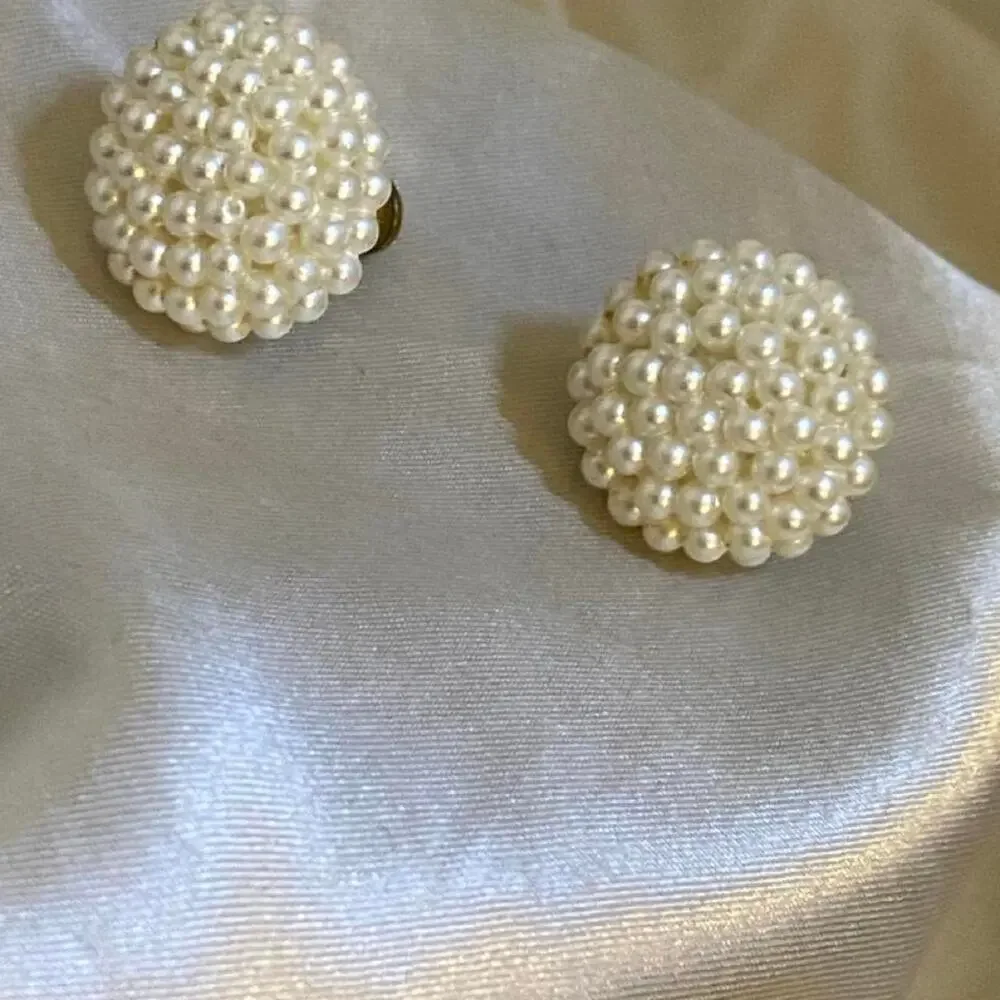 Vintage 1950s Pearl Cluster Earrings Screw Back Mid Century Bridal